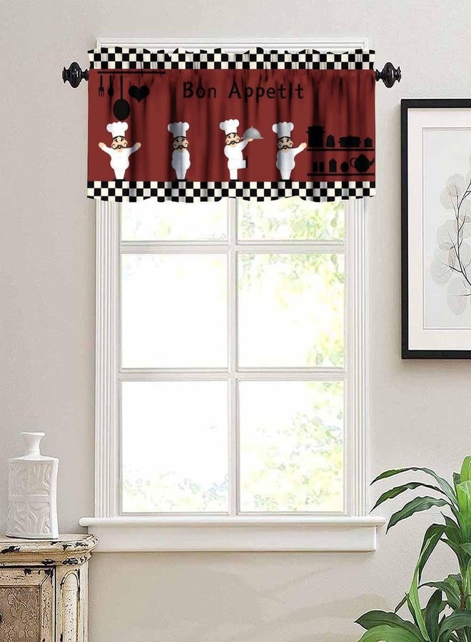 KANEPE Chef Valances Curtain for Kitchen, Cartoon Kitchen Chef White Black Lattice Red Background Window Treatment Valances Short Curtains Rod Pocket Drape for Dining Room Home Decor, 54x18inch - Image 4